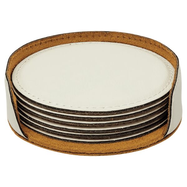 4" White Round Laserable Leatherette 6-Coaster Set Thumbnail